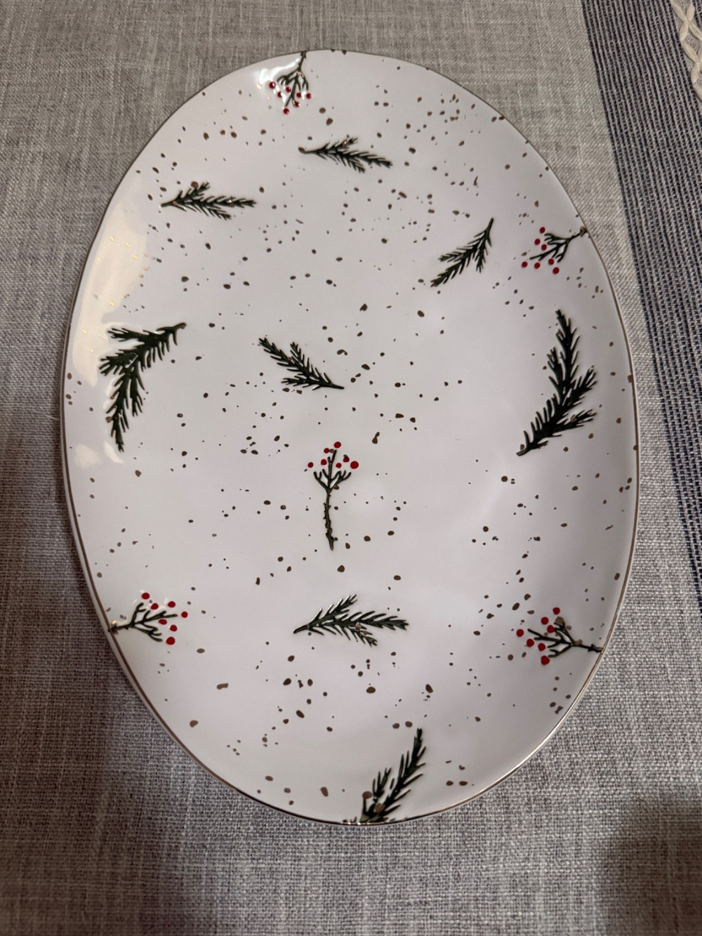❄️ Potter's Studio Oval Ceramic Platter PINE BRANCH BOUGH AND HOLLY BERRY 12”